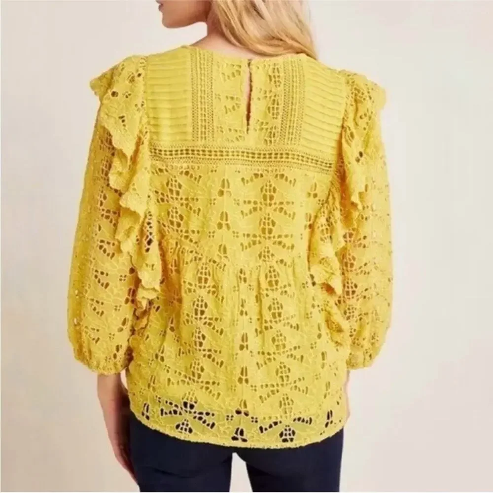 Anthropologie Yellow Clementine Blouse Eyelet Ruffle Puff Sleeve Top Shirt Sz 0
